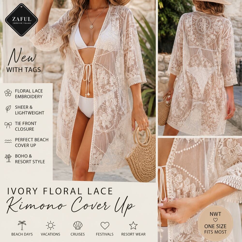 Zaful Ivory Floral Lace Sheer Kimono Cover Up Tie Front Boho Cardigan One Size